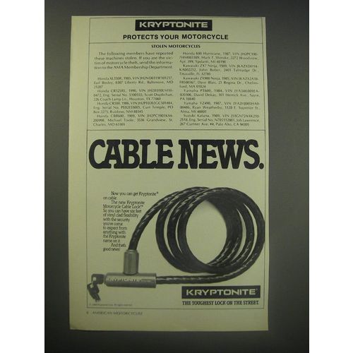 1990 Kryptonite Motorcycle Cable Lock Ad - Kryptonite protects your motorcycle
