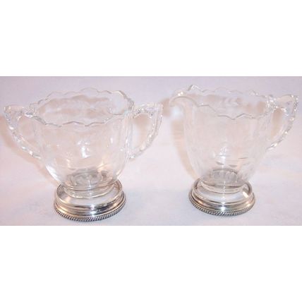 Vintage Etched Glass Floral Sugar & Creamer Set with Sterling Silver Bases