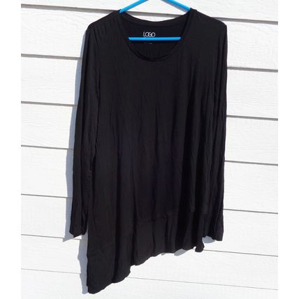 LOGO Lori Goldstein Black Angled Tunic Top Womens Large 40 Chest Asymmetric Hem