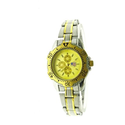 New Old Stock Women's Quartz Watch Round Gold Dial American Flag S.Steel Band