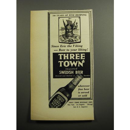 1951 Three Towns Beer Ad - 700 years of fine brewing Since Eric the Viking