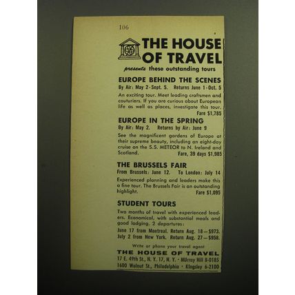 1958 The House of Travel Ad - The House of Travel presents these tours