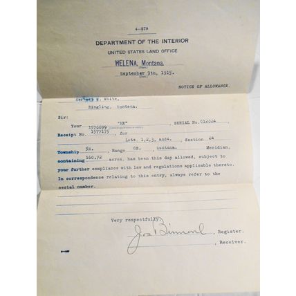 1915 Notice of Allowance, Department of the Interior Land Office, Helena Montana