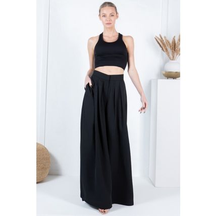 Large Hem Wide Leg Pleated Solid Pants