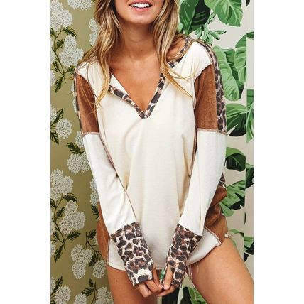 White Leopard Color Block Patchwork Split Neck Long Sleeve Top