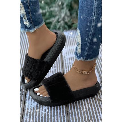 Black Plush Band Comfy Home Slippers
