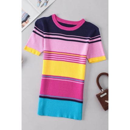 Pink Mixed Stripes Ribbed Knit Top