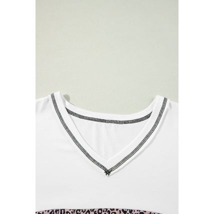 Black Leopard Print Colorblock V Neck Long Sleeve Plus Size Top
