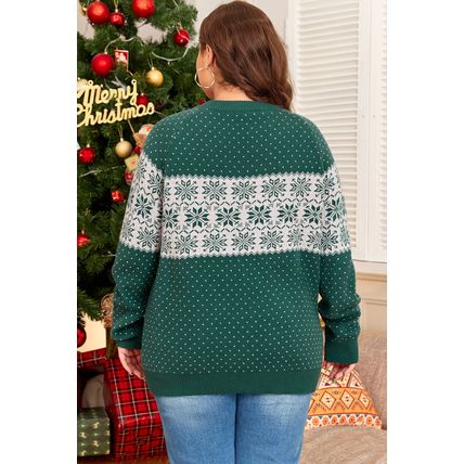 Green Christmas Snowflake Pattern Drop Shoulder Plus Size Sweater