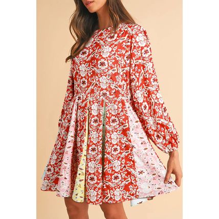 Red Colorful Floral Patchwork Long Sleeve Pleated Mini Dress