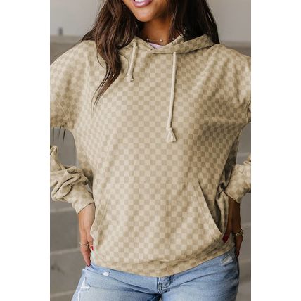 Khaki Checkered Print Kangaroo Pocket Drawstring Hoodie