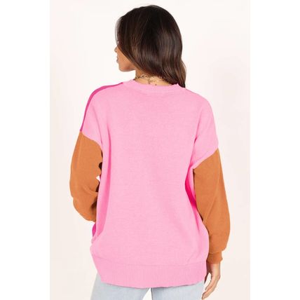 Bonbon Three Tone Contrast Round Neck Loose Sweater