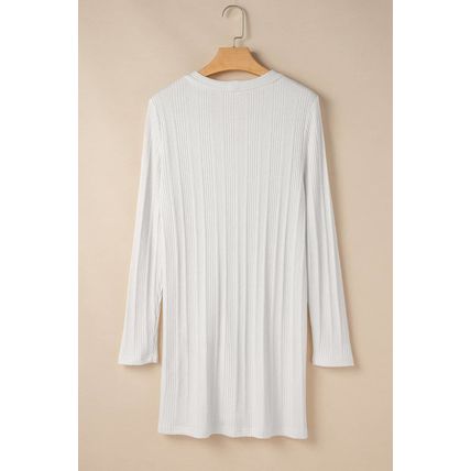 White Solid Color Ribbed Button up Tunic Cardigan