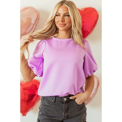 Phalaenopsis Solid Textured O Neck Puff Sleeve Blouse