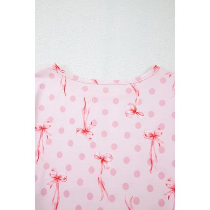 Pink Bow Knot Polka Dot Print Short Sleeve Top Lounge Set