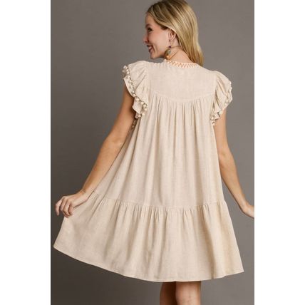 Jet Stream Linen Embroidery Split Neck Pom Pom Ruffle Sleeves Flowy Short Dress