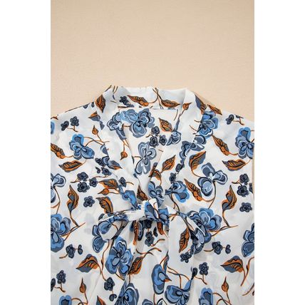 Sky Blue Floral Print Knotted V Neck Elegant Tank Top