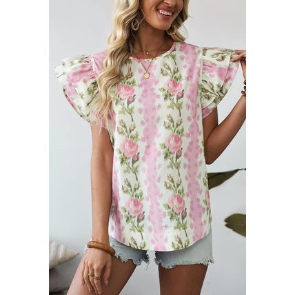 Pink Floral Print Ruffled Sleeve Summer Top