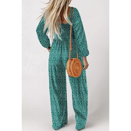 Green Floral Print Western Smocked Bodice Square Neck Wide Leg Jumpsuit