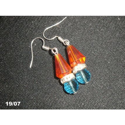 Orange cone with blue & clear crystal glass small drop elegant earrings