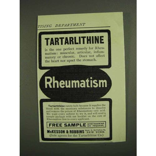 1907 McKesson & Robbins Tartarlithine Ad - Rheumatism
