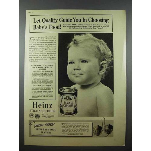 1941 Heinz Strained Carrots Baby Food Ad - Quality