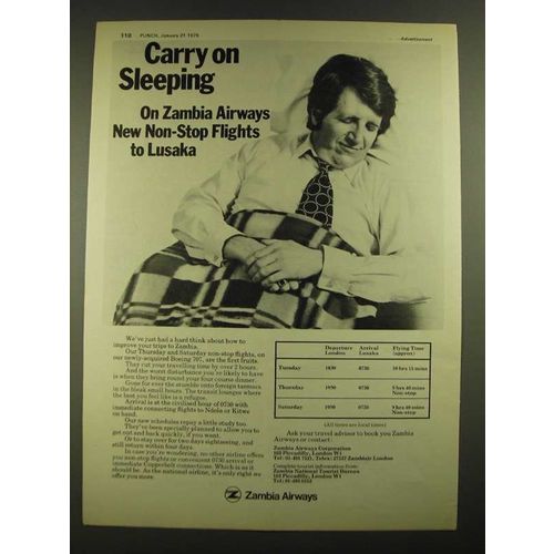 1976 Zambia Airways Ad - Carry on Sleeping