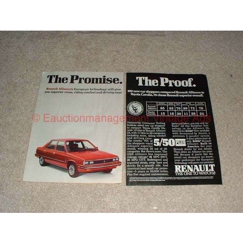 1985 2pg Renault Alliance Car Ad The Promise The Proof!
