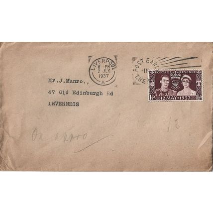 GB 1937 cover to Inverness with Coronation stamp & Post Early in the Day slogan