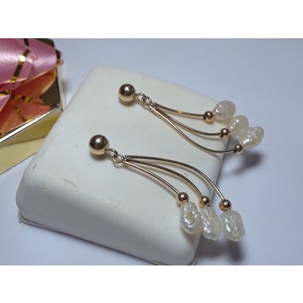 Estate Natural Freshwater Pearl 3 Ball Dangle drop 14Kt Yellow Gold Earring16180