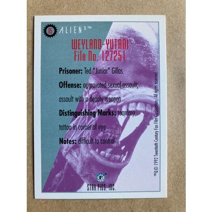 Alien3 Base trading card # 65 Ted Gillas (A) 1992 Star Pics Dark Horse