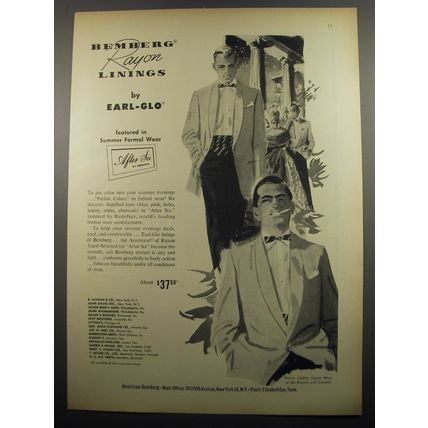 1955 American Bemberg Earl-Glo Linings Advertisement - After Six Formal Wear