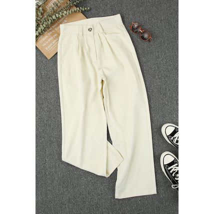 Beige Corduroy High Waist Straight Leg Pants