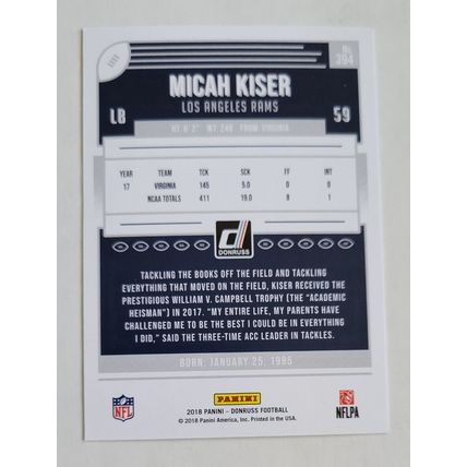 2018 Panini - Donruss - Press Proof Bronze Micah Kiser (RC) Card #394 NM Cond