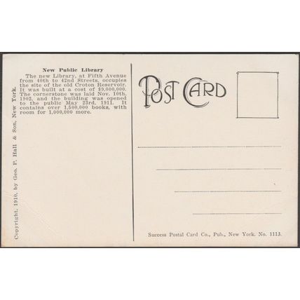 New York Public Library, New York City, 1910 - George P Hall Postcard
