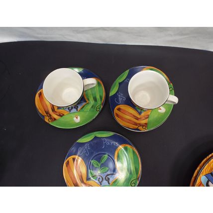 Vintage Set 1994 Sango Cafe Paris Cups And Saucers 3 Saucers 2 Cups Mugs