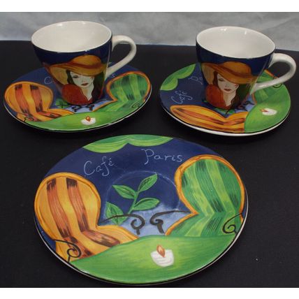 Vintage Set 1994 Sango Cafe Paris Cups And Saucers 3 Saucers 2 Cups Mugs