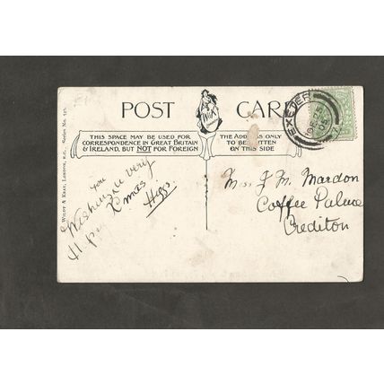 Genealogy Postcard Miss J A Mardon Coffee Palace Crediton Devon 1905