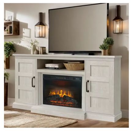 Farmhouse TV Cabinet with 3D Fireplace – Fits TVs Up to 65 Inches