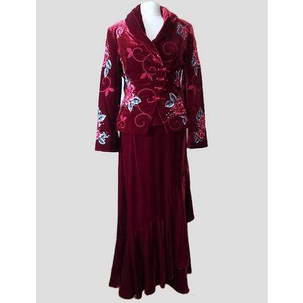 Kaliko red velvet silk suit 3 piece maxi skirt jacket top full length christmas