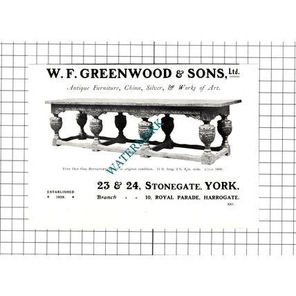 W F Greenwood & Sons Ltd Stonegate York Harrogate - 1910 Advert