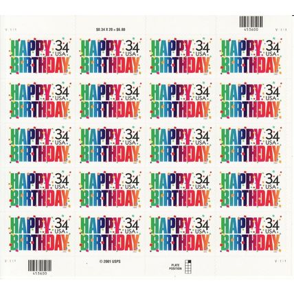 Happy Birthday Sheet of Twenty 34 Cent Stamps Scott 3558