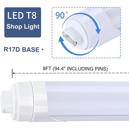 LED Bulbs 8 Foot, 2 Pin, 45W 6000K, T8 LED Tube Lights, R17D HO Rotatable 8' Sho