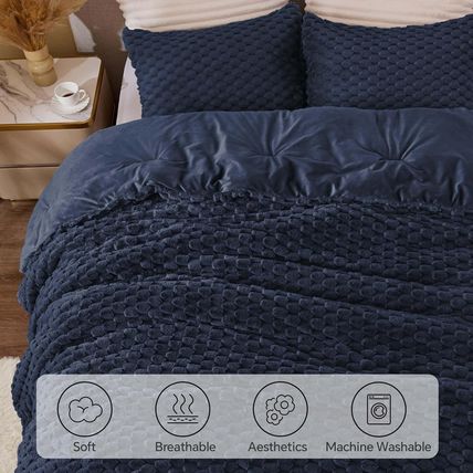 BEDELITE Fluffy King Size Comforter Set - Navy Blue Fleece Soft Comforter for Ki