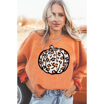Orange Leopard Pumpkin Graphic Corded Sweatshirt