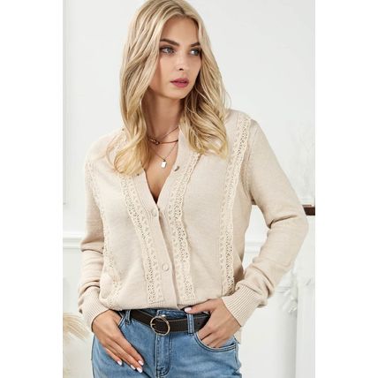 Apricot Lace Trim Ribbed Round Neck Button Up Cardigan