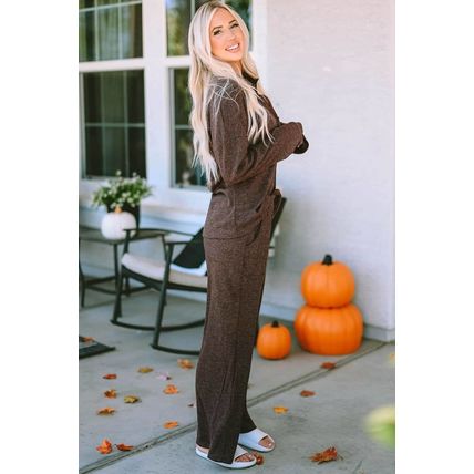 Brown Ribbed Knit Collared Henley Top and Pants Lounge Outfit