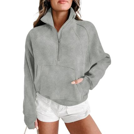Gray Zip Up Stand Collar Ribbed Thumbhole Sleeve Sweatshirt