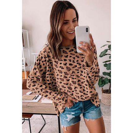 Brown Animal Print Stitching Loose Long Sleeve Top