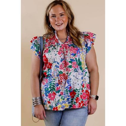 Red Plus Floral Print Ruffle Cap Sleeve V Neck Blouse